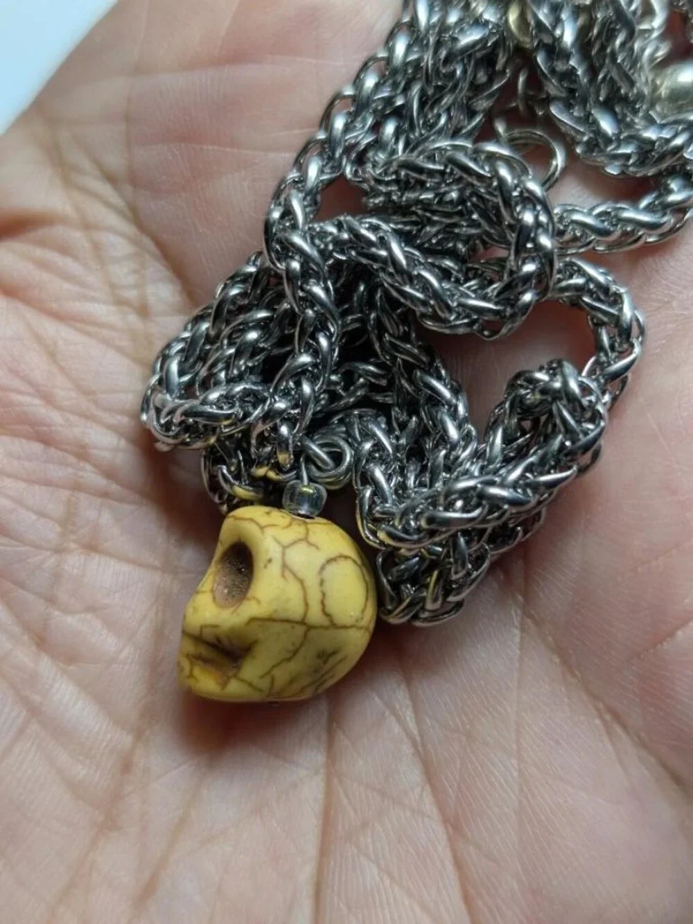 Halloween Vintage Silver Tone Carved Skull Pendant Necklace (Ship the same Day)
